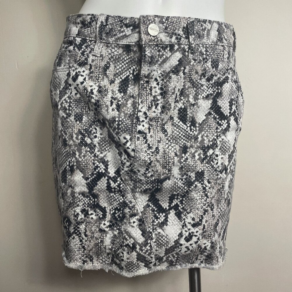 Sanctuary Mini Skirt Sz 27 Denim Stretch Black White Snake Print Y2K Whimsigoth